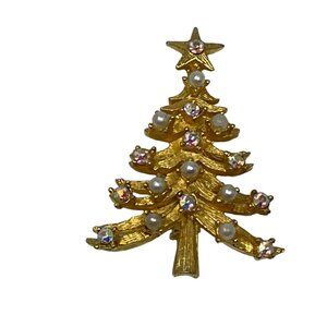 MYLU Christmas Tree Brooch Gold Tone‎ AB Rhinestones Faux Pearls Book Piece